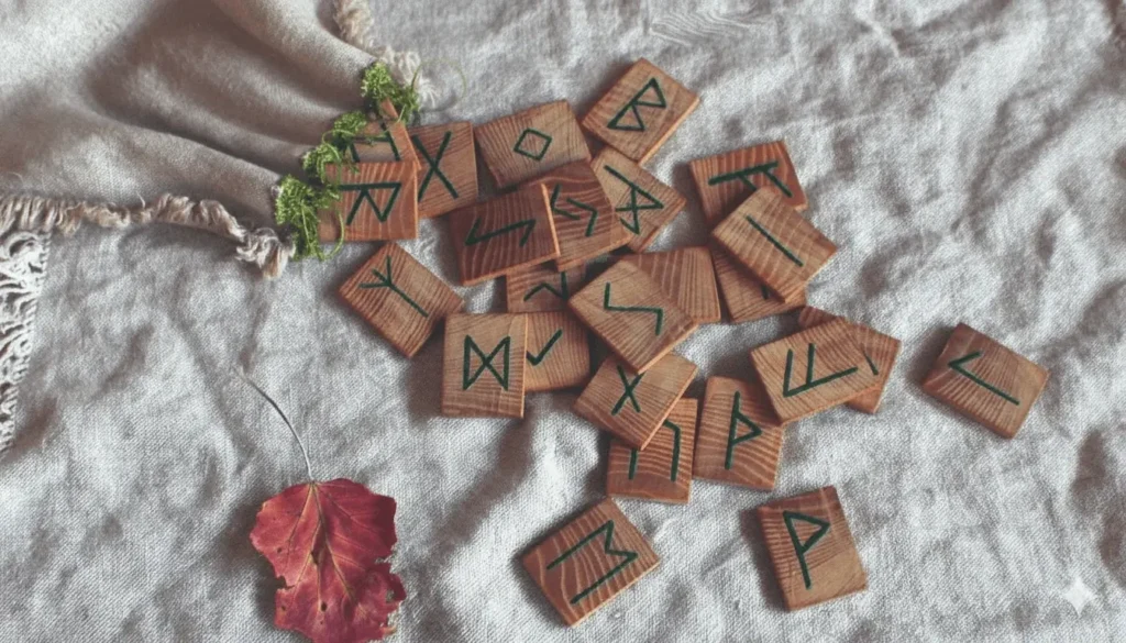 Hand-carved wooden runes resting on soft linen with a red leaf — a quiet reflection of the Elder Futhark’s ancient language of spirit and nature.